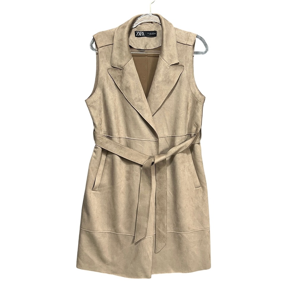 Zara Long Trench Vest Womens L Faux Suede Camel Quiet Luxury Capsule Minimalist